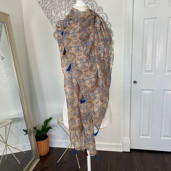 Early 2000's Brown Beige Colorful Tassel Oversized Boho Scarf / Shawl - Picture 2 of 4